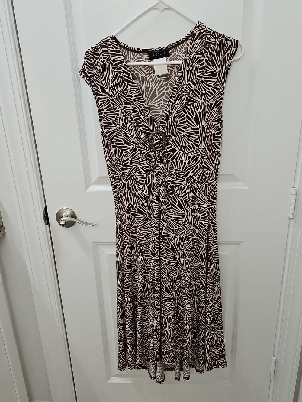 B. Smart Brown and Cream V-Neck Midi Dress with Ring Detail